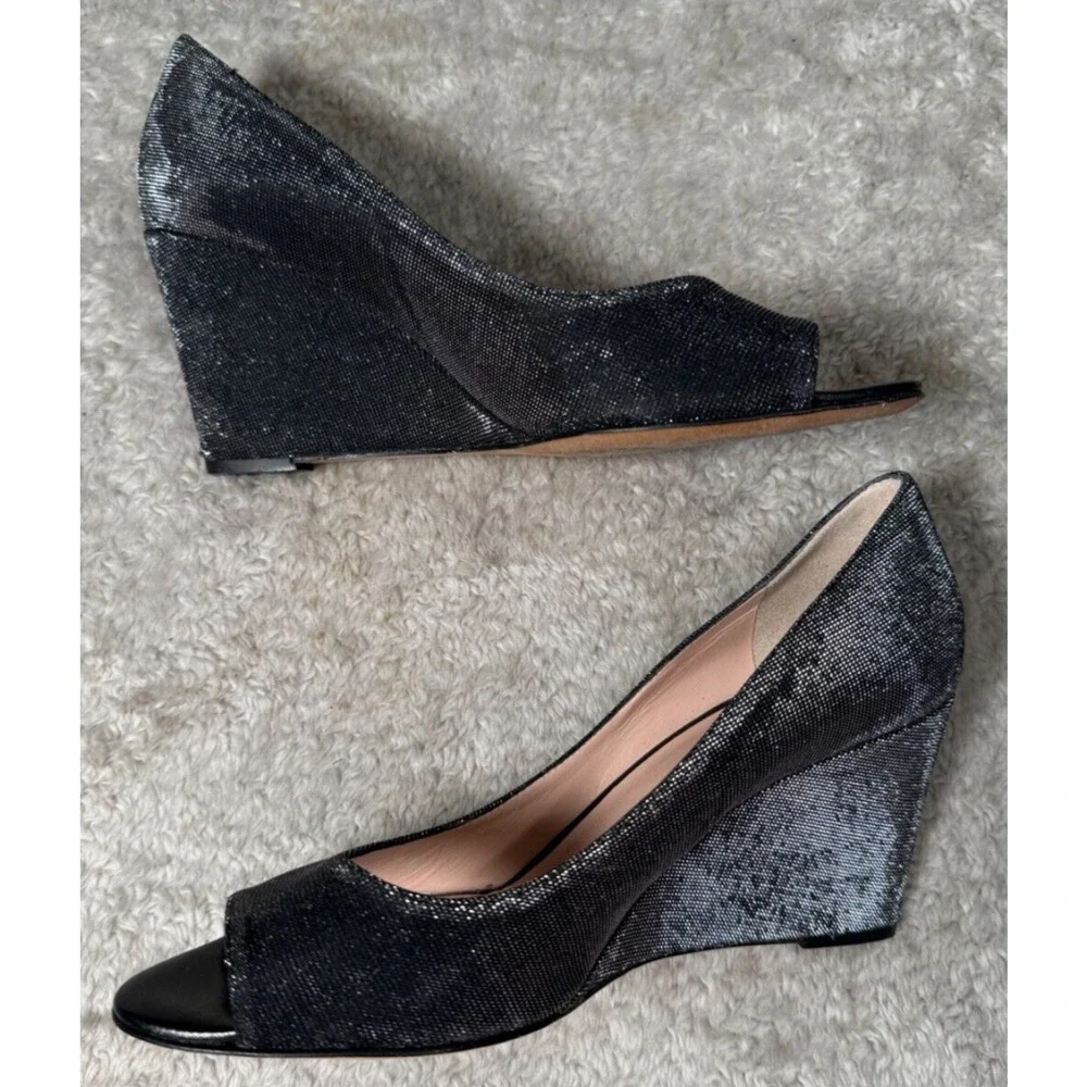 Kate Spade New York Radiant Black Glitter Peep Toe Wedge Heels Womens Size 6.5